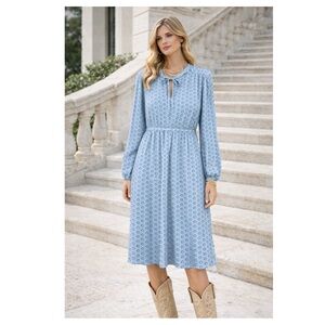 Ann Taylor Tie Neck dot‎ Print midi Dress Sz M Blue